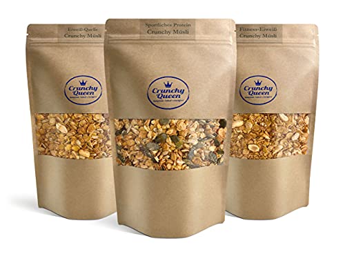 Crunchy Queen Protein Granola Knuspermüsli Probierpaket | Sparpaket | 30% Protein | Handgemacht | High Protein Müsli | Low Carb Müsli | Vegan | Müsli ohne Zucker | Erdnussmus | 3x 340g Eiweiß-Müsli von Crunchy Queen homemade · baked · crunchfood