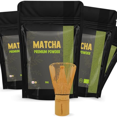 Cupplement - 4 Beutel Premium Matcha 90 Gramm - Bio - Kostenloser Matcha-Besen & Schneebesen - Culunary Tee Pulver - Starter Set - Latte - Besen - Japan - Tee - Whisk - Grünteepulver höchster Qualität von Cupplement