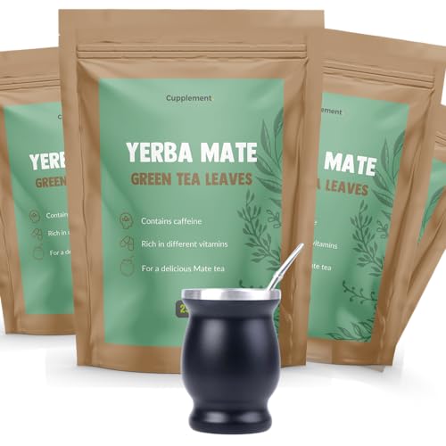 Cupplement 1KG Yerba Mate Teeblätter Kostenloser Bombilla, Kalabes & Reinigungsstab - Tee - Set - Mug - Keine Organic, 1KG, 500GR BIO - Tea - Maté - Amerika - Ungeräuchert - Becher - caamate von Cupplement