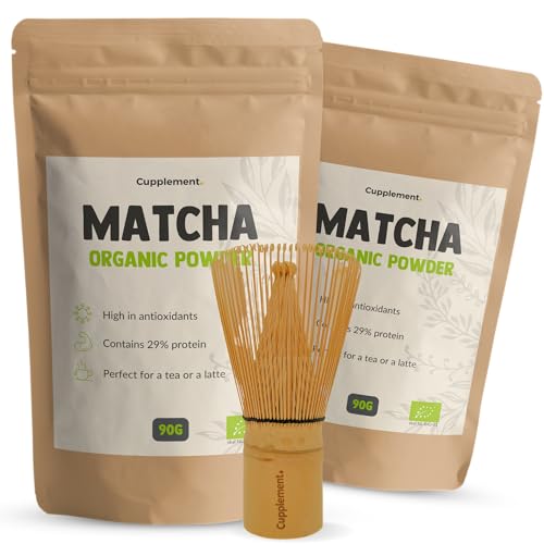 Cupplement - Matcha Tee Set 3 teilig - 2 Matcha Beutel 90 Gramm 1 Bambus Whisk - Bio - Grüner Tea Pulver - Bambusbesen & Schneebesen - Culunary Tee Pulver - Starter Set - Latte - Japan - Pulver von Cupplement