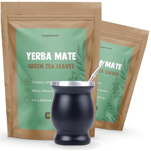 Cupplement 500 Gramm Yerba Mate Teeblätter Kostenloser Bombilla, Kalabes & Reinigungsstab - Tee - Set - Mug - Keine Organic, 1KG, 500GR BIO - Tea - Maté - Amerika - Ungeräuchert - Becher von Cupplement