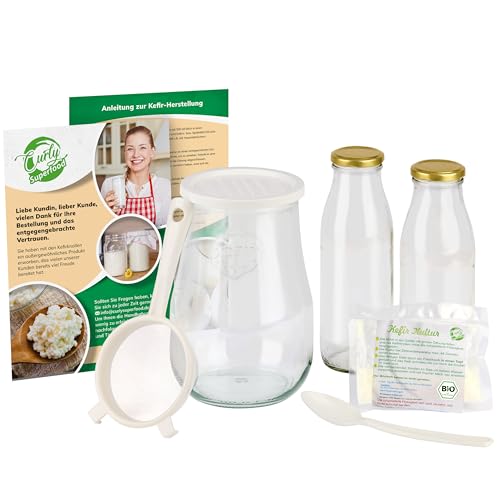 Curly Superfood Kefir Starter Set Bio - Kefirknollen aus deutscher Herstellung zum einfachen Herstellen von Milchkefir - Frischer Kefirpilz inkl. Kefir Zubehör & ausführlicher Anleitung von Curly Superfood