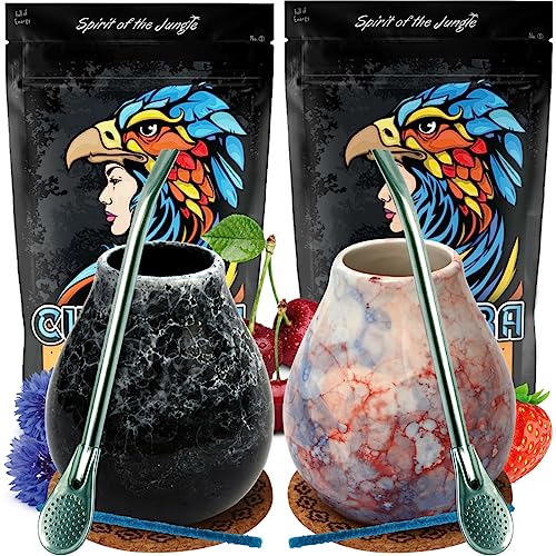 Yerba Mate-Tee Curupira Set | Brasilian Mate Tee Curupira mit Papaya, Erdbeere und Frucht 1000g | Keramik Mate-Tee Tasse Caleidoscope becher Marmol 350ml | Stahl Trinkhalm Bombilla 19cm von Curupira