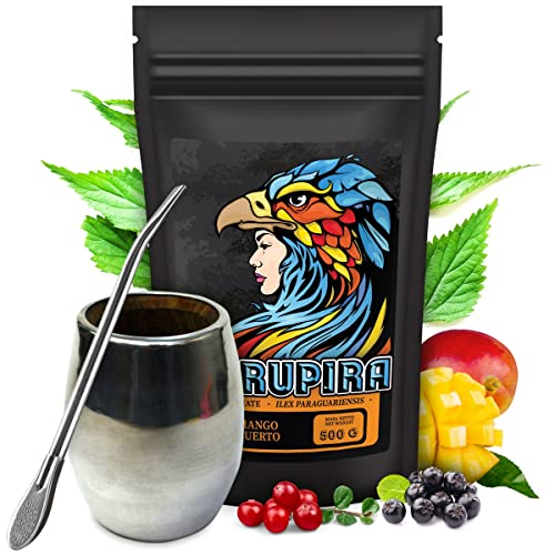 Yerba Mate Tee Set | Brasilian Mate-Tee Curupira mit Mango und Krauter | Mate Tee Tasse Palo Santo Becher Oval ~150ml | Stahl Trinkhalm Bombilla 19cm | Yerba Mate-Tee mit Frucht loose leaf 0,5kg| von Curupira