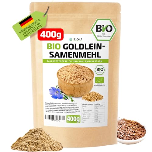 Goldleinsamenmehl Bio 400g, Gold Leinsamenmehl, Ballaststoffreich hoher Proteingehalt glutenfrei und wenig Kohlenhydrate, Goldleinmehl als Mehlersatz, ideal zum Backen von D&O Nature Products