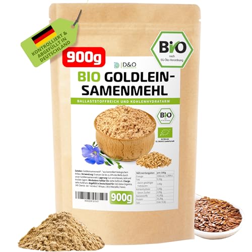 Goldleinsamenmehl Bio 900g, Gold Leinsamenmehl, Ballaststoffreich hoher Proteingehalt glutenfrei und wenig Kohlenhydrate, Goldleinmehl als Mehlersatz, ideal zum Backen von D&O Nature Products