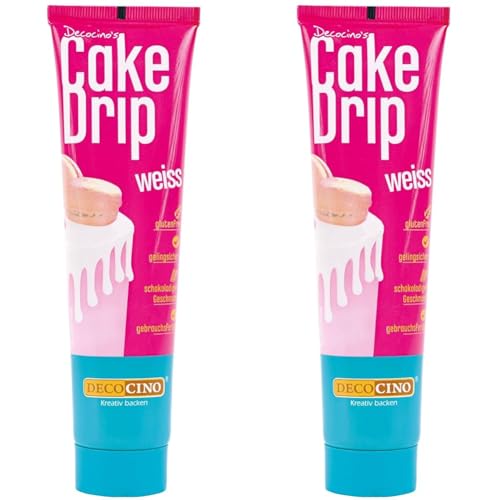 DECOCINO Cake Drip Weiss – schokoladiger Geschmack – direkt gebrauchsfertig – Backdeko für Torten, Kuchen, Muffins, Cupcakes, Cake Melts (Packung mit 2) von DECOCINO