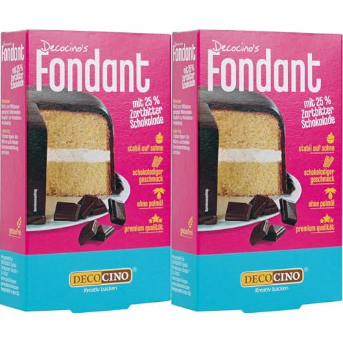 DECOCINO Fondant Schoko mit 25% Zartbitter-Schokolade ohne Palmöl, reißfest & stabil auf Sahne –ideale Backdeko zum Dekorieren von Kuchen & Torten (Packung mit 2) von DECOCINO