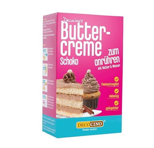 Decocino Buttercreme Schoko 250g -fertige Buttercreme Mischung im Schoko Geschmack, ideal für Torten, Kuchen und Cup Cakes, Topping, Motivtorten, Frankfurter Kranz, Geburstag, Hochzeit von DECOCINO