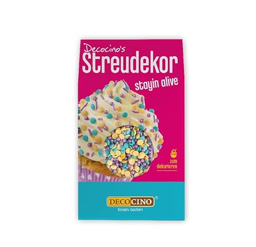 DECOCINO Streudekor Stayin Alive 40g - Tolle Streusel in den Farben lila, türkis und gelb, Ideal für Torten, Muffins oder Kuchen, perfekt für jede Party oder einfach mal so von DECOCINO