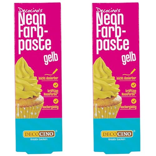 Decocino Neon Lebensmittelpaste gelb – hochdosierte Lebensmittel-Farbe – zum Einfärben von Kuchen, Torten, Muffins, Cupcakes – geschmacksneutral (Packung mit 2) von DECOCINO