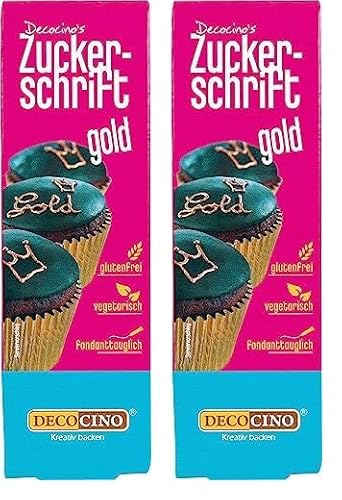 Decocino Zuckerschrift in Gold Lebensmittelfarben-Schrift praktische Tube zur Beschriftung von Fondant & Glasuren Back-Deko für Torten, Kuchen & Cup-Cakes! (Packung mit 2) von DECOCINO