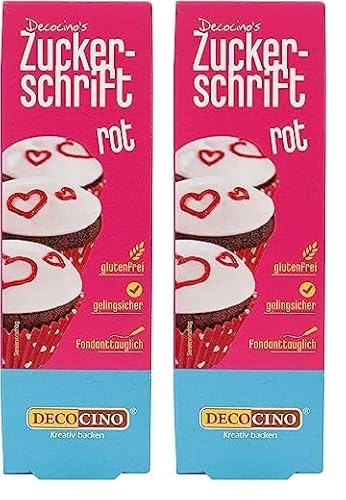 Decocino Zuckerschrift in Rot – Lebensmittelfarben-Schrift – praktische Tube zur Beschriftung von Fondant & Glasuren – Back-Deko für Torten, Kuchen & Cup-Cakes! (Packung mit 2) von DECOCINO