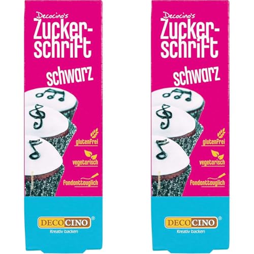 Decocino Zuckerschrift in Schwarz Lebensmittelfarben-Schrift praktische Tube zur Beschriftung von Fondant & Glasuren Back-Deko für Torten, Kuchen & Cup-Cakes! (Packung mit 2) von DECOCINO