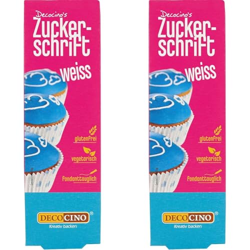 Decocino Zuckerschrift in Weiß Lebensmittelfarben-Schrift praktische Tube zur Beschriftung von Fondant & Glasuren Back-Deko für Torten, Kuchen & Cup-Cakes! (Packung mit 2) von DECOCINO