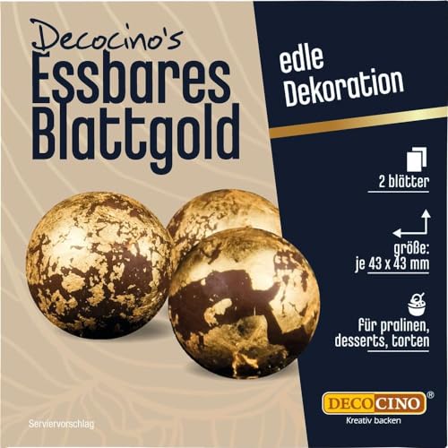 Decocino essbares Blattgold - 2 Blätter, 43x43 mm - feines Blatt-Gold zum Veredeln & Dekorieren von Pralinen, Trüffel, Torten, Kuchen Desserts von DECOCINO