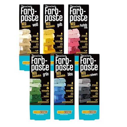 Decocino fettlösliche Farbpaste-Set 6er-Set – 6 x 15 g – Lebensmittelfarben in Rot, Weiß, Grün, Gelb, Blau und Schwarz, ideal zum Einfärben von Kuchen, Fondant und Cremes – AZO-Frei und Glutenfrei von DECOCINO