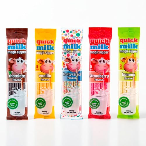 QUICK MILK Magic Sipper Set - Choco+Banana+Vanilla+Strawberry+Frutty Cereal (5 Bags of 5 Milk Drinking Straws) Dekond von DEKOND