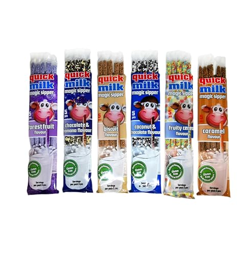 Quick Milk (NEW MIX) - Strohhalme für Milch (Fruity Cereal + Coconat & Chocolate + Forest Fruits + Banana & Chocolate + Caramel + Bisquit), 6 Packung je 5 Trinkhalme (30 Halme) von DEKOND