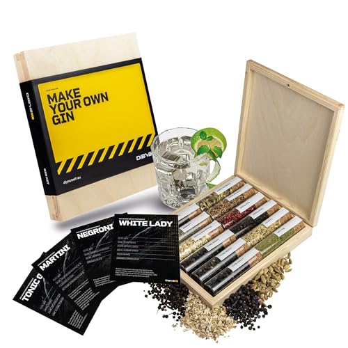 DIBYS Gin-Gewürze-Set XL | 12 Gin Botanicals für Gin Tonic & Cocktail | Mit 4 Rezept-Karten, Gewürzlexikon & edler Holz-Kiste | Geschenk-Set Männer & Frauen | Gin Zubehör zum Gin selber machen von DIBYS