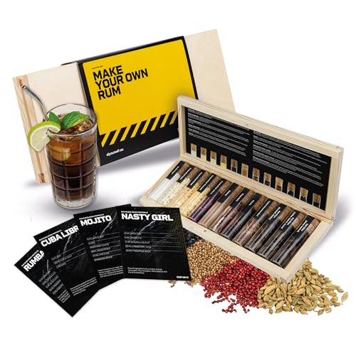 DIBYS Rum-Gewürze-Set Mini | 12 Rum-Set Botanicals | Mit 4 Rezept-Karten, Gewürzlexikon & edler Holz-Kiste | Rum-Geschenk-Set für Männer & Frauen | Rum Zubehör zum Rum selber machen von DIBYS