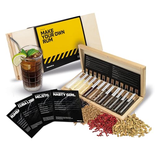 DIBYS Rum-Gewürze-Set Mini | 12 Rum-Set Botanicals | Mit 4 Rezept-Karten, Gewürzlexikon & edler Holz-Kiste | Rum-Geschenk-Set für Männer & Frauen | Rum Zubehör zum Rum selber machen von DIBYS