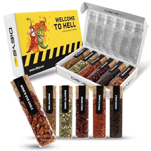 DIBYS WELCOME TO HELL Scharfes Chili Geschenk-Set | 6 scharfe Gewürze inkl. Rezeptkarten | Chili-Gewürz-Set mit Chiliflocken, Ancho-Chili, Bird's Eye Chili & mehr | Geschenke für Kochbegeisterte von DIBYS