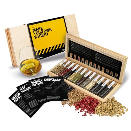 DIBYS Whisky-Gewürze-Set Mini | 12-Whisky Botanicals für DIY-Cocktails | Mit 4 Rezept-Karten, Gewürzlexikon & Holz-Kiste | Geschenk-Set für Männer & Frauen | Zubehör zum Whisky selber machen von DIBYS