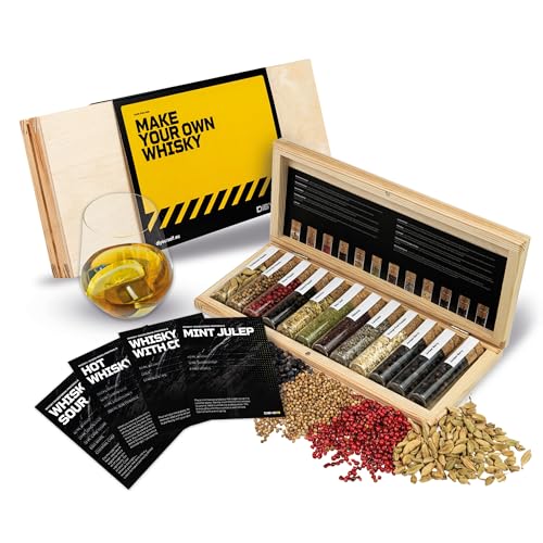 DIBYS Whisky-Gewürze-Set Mini | 12-Whisky Botanicals für DIY-Cocktails | Mit 4 Rezept-Karten, Gewürzlexikon & Holz-Kiste | Geschenk-Set für Männer & Frauen | Zubehör zum Whisky selber machen von DIBYS