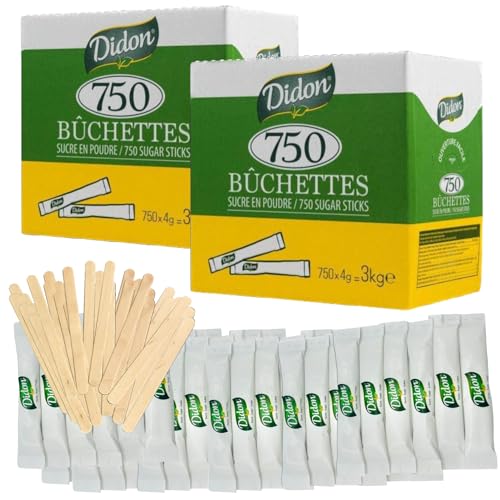 DIDON 2 x 750 Stück (1500 Stück) einzeln verpackte Zuckersticks à 4 g (gesamt 6 kg) – inklusive 400 Holzrührstäbchen – ideal für heiße Getränke, Kaffee und Tee – praktisch und benutzerfreundlich von DIDON