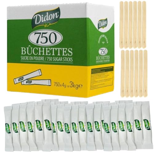 Set mit 750 DIDON-Zuckersticks à 4g (3kg) – Inklusive Holzrührstäbchen – Ideal für heiße Getränke, Kaffee und Tee – Praktisch von DIDON