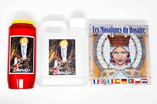 DIRECT FROM LOURDES Lourdes Weihwasser - 1L mit Bild & 7 Tage / 7 Nacht rote Kerze mit Bild - Mosaik des Rosenkranzbuchs von DIRECT FROM LOURDES