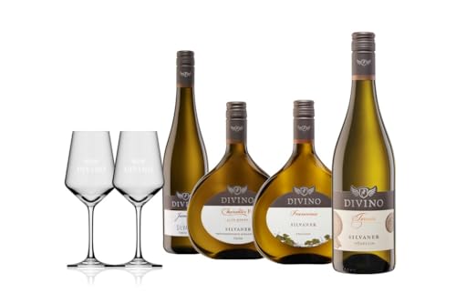 DIVINO Weißwein Silvaner trocken Probierpaket Frankenwein - Qualitätsweine direkt aus den Weinbergen Frankens (4 x 0,75l & 2 hochwertige Weingläser) von DIVINO