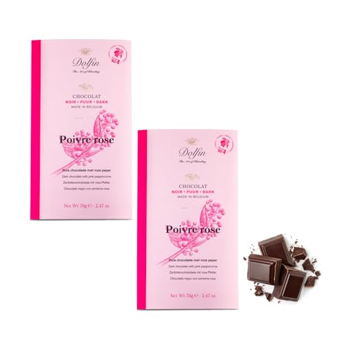 DEU | Dolfin® | 60 % dunkle Schokolade und rosa Pfeffer | 60 % Kakaoriegel mit rosa Pfeffer – 2 x 70 g | Dunkler Schokoladensnack von DOLFIN