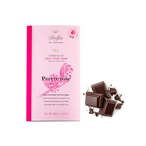 Dolfin® | 60 % dunkle Schokolade und rosa Pfeffer | 60 % Kakaoriegel mit rosa Pfeffer – 1 x 70 g | Dunkler Schokoladensnack von DOLFIN