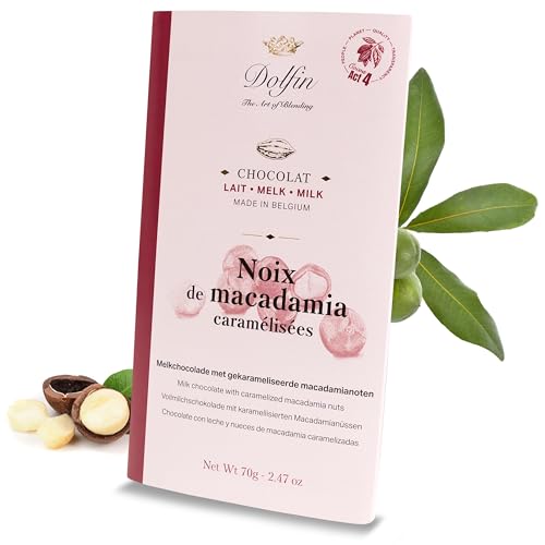 Dolfin Vollmilchschokolade mit karamellisierten Macadamianüssen - Cremige Schokolade mit knackigen Nussstückchen - Gourmet-Schokolde ohne künstliche Aromen - Hergestellt in Belgien, 70 g Tafel von DOLFIN