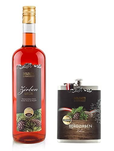 Berg Zirbenlikör 25% vol. / 1 Liter + Flachmann 0,2 l gefüllt/Original Zirben-Likör aus den Alpen/Echtes aus den Bergen/Aus Österreich von DOLOMITI ALPENFEINKOST