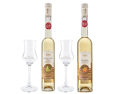 DOLOMITI Alte Marille + Alte Williams-Christ-Birne Schnaps aus dem Barrique Fass │ Premium Spirituose 36% vol. │ fassgereifter, milder Marillen und Williams Schnaps │ je 1 x 0.5 Liter und 2 Gläser von DOLOMITI ALPENFEINKOST