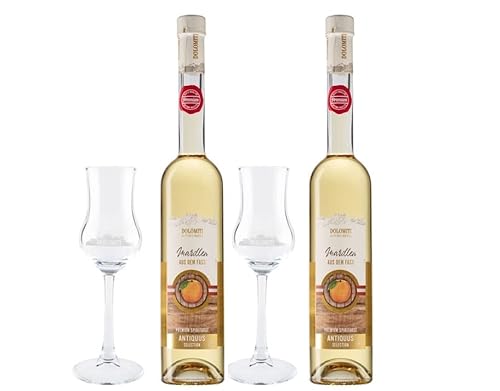 DOLOMITI Antiquus Alte Marille aus dem Barrique Fass │ Premium Spirituose 36% vol. │ fassgereifter, milder Marillen Schnaps │ 2 x 0.7 Liter und 2 Gläser von DOLOMITI ALPENFEINKOST