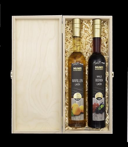 Geschenk-Set Dolomiti Liköre 2er Set in Holzkiste/Marillenlikör und Waldbeeren Likör/je 1 x 0,5 l/Beste Qualität aus Österreich/Für alle Berg-Freunde/Alpines Geschenk/Bergliebhaber von DOLOMITI ALPENFEINKOST