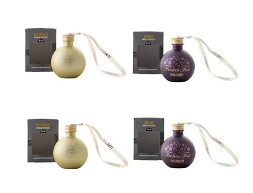 Hochwertige Glas-Christbaumkugeln 2xGOLD gefüllt mit Gin Limette und 2xBROMBEER gefüllt mit Bergler Himbeer Schnaps 4er Set / 4 x 0,04l / Schnaps - Weihnachtskugel von DOLOMITI ALPENFEINKOST