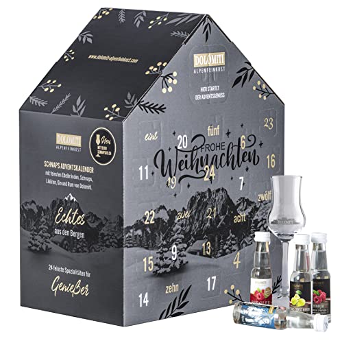 Schnaps- und Likör Adventskalender 2024 von Dolomiti - Geschenk-Idee für Genießer. Gin, Rum, Wodka und Wermut, Edelbrände, Schnäpse und Liköre. Schnaps Adventkalender von DOLOMITI ALPENFEINKOST