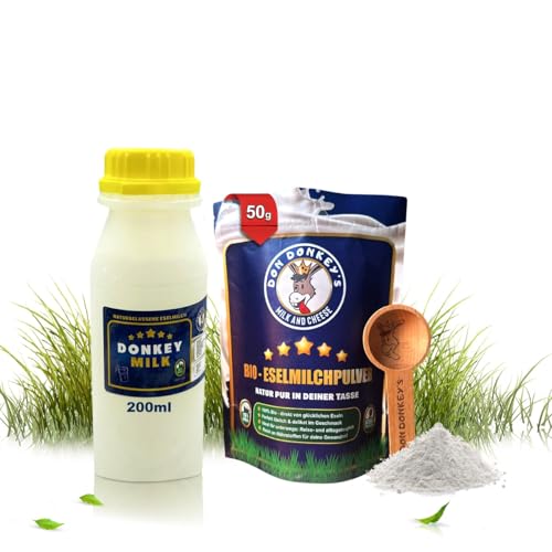 DON DONKEY'S® Probierset 200ml Eselsmilch + 50g Eselsmilchpulver | Frische Rohmilch & hochwertiges Pulver für Ernährung & Hautpflege | Laktosearme Eselsmilch | Reich an Vitaminen | für unterwegs von DON DONKEY'S