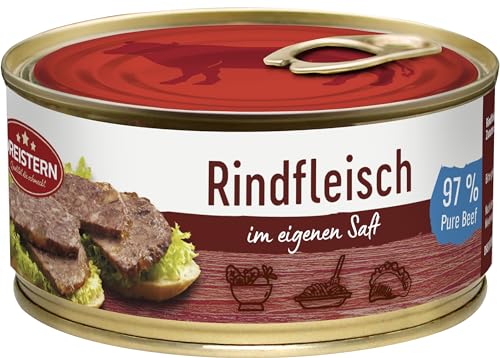 DREISTERN 97% Pures Rind Rindfleisch im eigenen Saft in der 300 Gramm Konservendose | mit pracktischem Ring Pull | Recyclebare Dose von DREISTERN