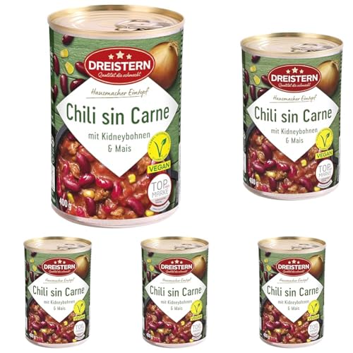 DREISTERN Chili sin Carne 400g | Veganer Eintopf in der recyclebaren Konservendose | Vegetarisch mit viel Einlage mit Soja, Bohnen & Mais (Packung mit 5) von DREISTERN