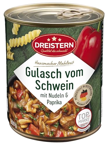 DREISTERN Schweinegulasch 800g I Mit Nudeln & Paprika I Herzhaftes Fertiggericht in recyclebarer Konservendose I Lange Haltbarkeit dank natürlicher Konservierung I Hausmacher Qualität von DREISTERN