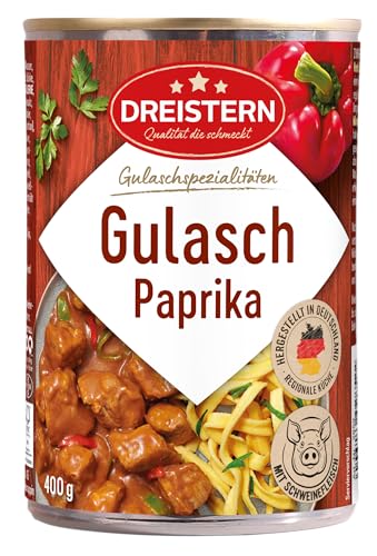 DREISTERN Gulasch vom Schwein mit Paprika 400g I in pikanter Sauce I Herzhaftes Fertiggericht in recyclebarer Konservendose I Lange Haltbarkeit dank natürlicher Konservierung I Hausmacher Qualität von DREISTERN