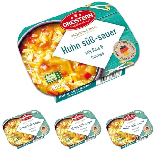 DREISTERN Huhn Süß-sauer mit Reis und Ananas 280g | Snack aus der Little Hot Kitchen | schnell & einfach zubereitet (Packung mit 4) von DREISTERN