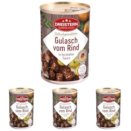 DREISTERN Rindergulasch 400g | leckeres Gulasch in der praktischen recycelbaren Konservendose | köstliches Rindfleisch - Qualität die schmeckt (Packung mit 4) von DREISTERN