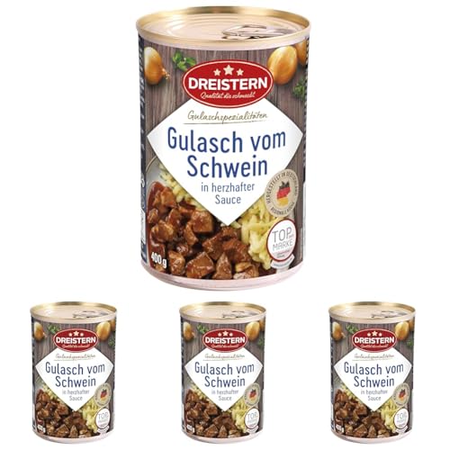 DREISTERN Schweinegulasch 400g | leckeres Gulasch in der praktischen recycelbaren Konservendose | zartes Schweinefleisch - Qualität die schmeckt (Packung mit 4) von DREISTERN